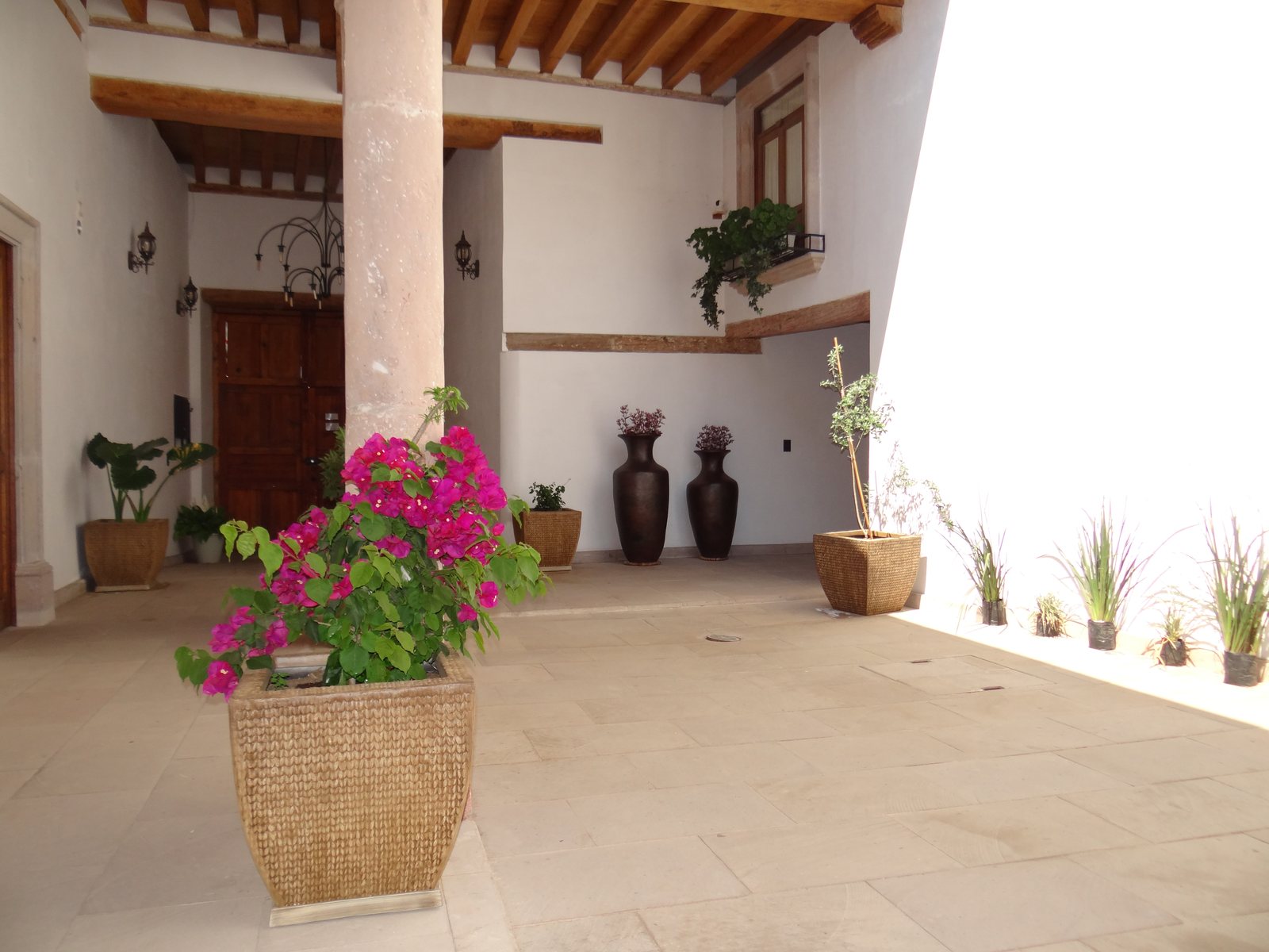 Patio interior con columna de cantera y buganvilias