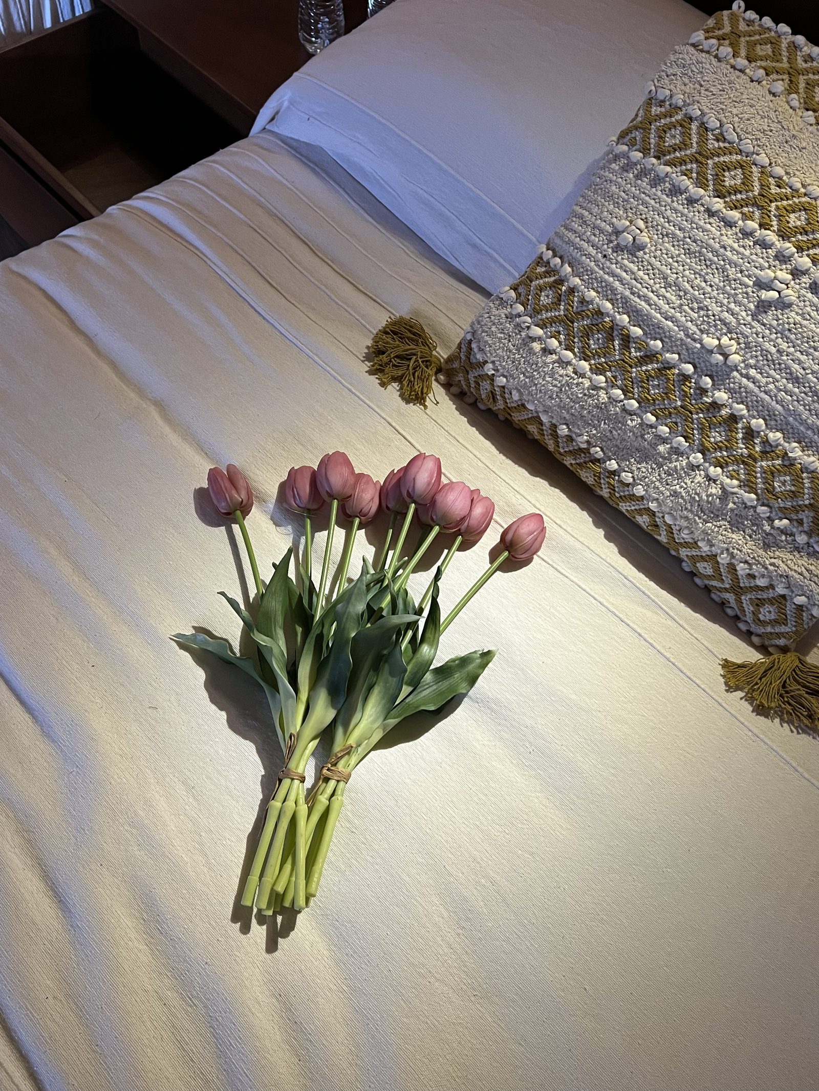 Detalle de tulipanes y cojín tejido