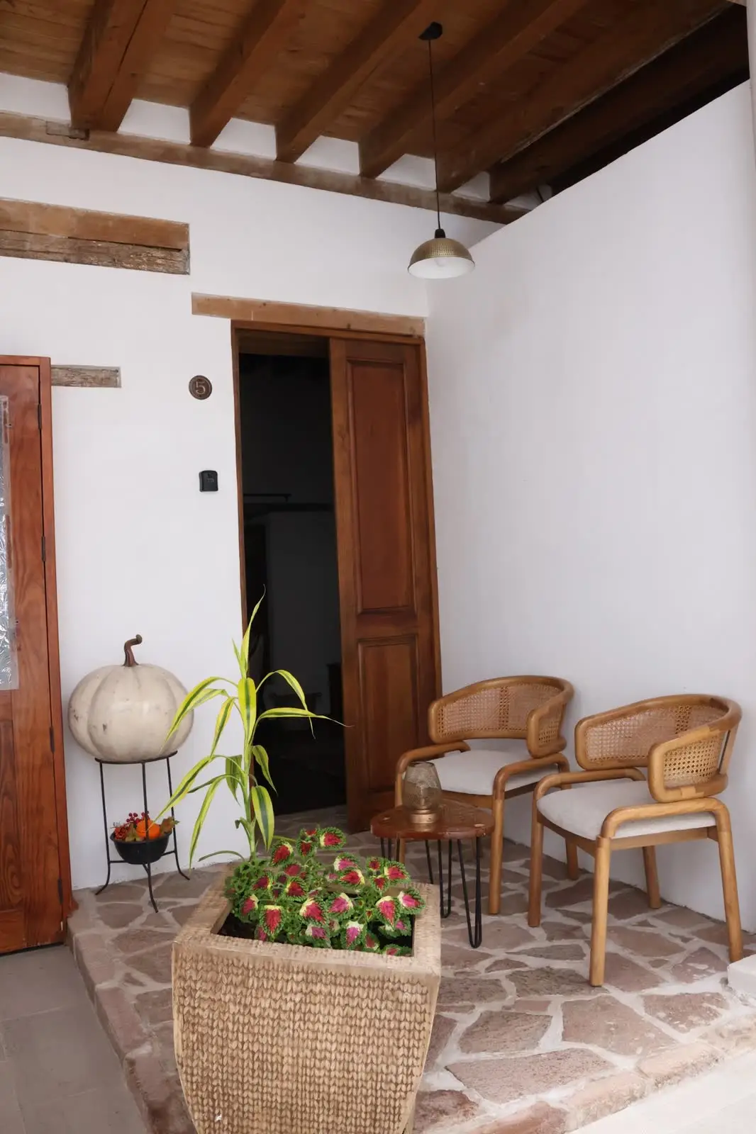 Patio con sillas de ratán y plantas